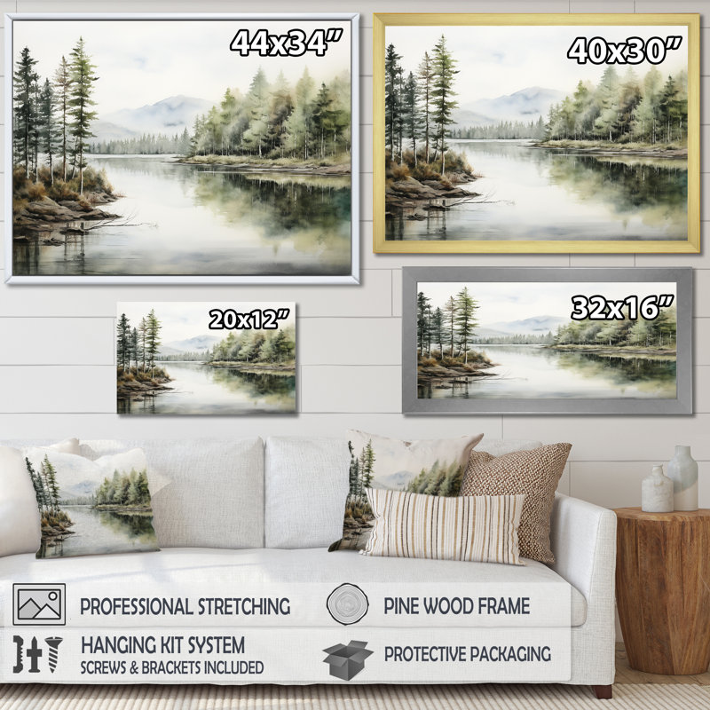 Scandinavian Lake Tranquility sur impression sur toile, Cadre flottant doré, H 24 po x l 32 po x P 1 po