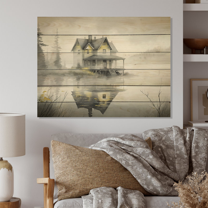 Cottage par le lac IV - impression sans cadre sur bois, H 12 po x l 20 po x P 1 po