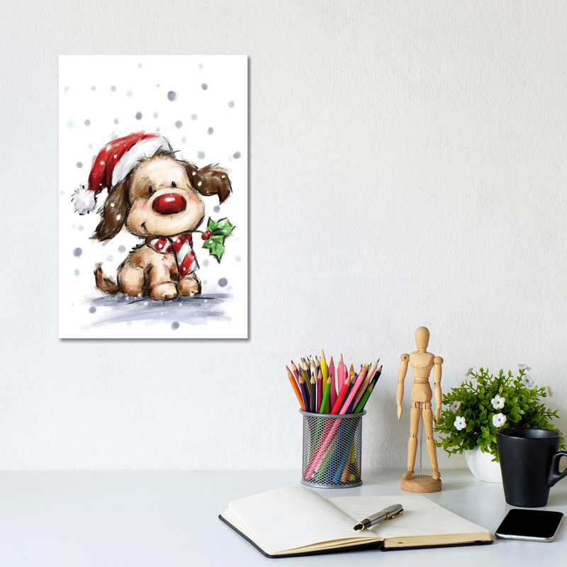 Dog With Holly by MAKIKO - Wrapped Canvas Print, 20.32 cm H x 30.48 cm W