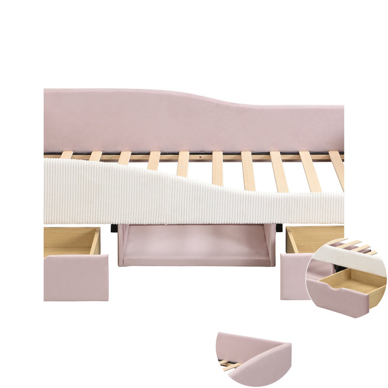 Structure de lit de jour rembourrée avec 2 tiroirs de rangement, Lit simple, Rose