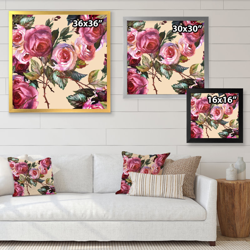 «Pink Vintage Roses On Yellow», reproduction d'art sur toile à motifs, H 30 po x l 30 po x P 1 po, Cadre photo doré