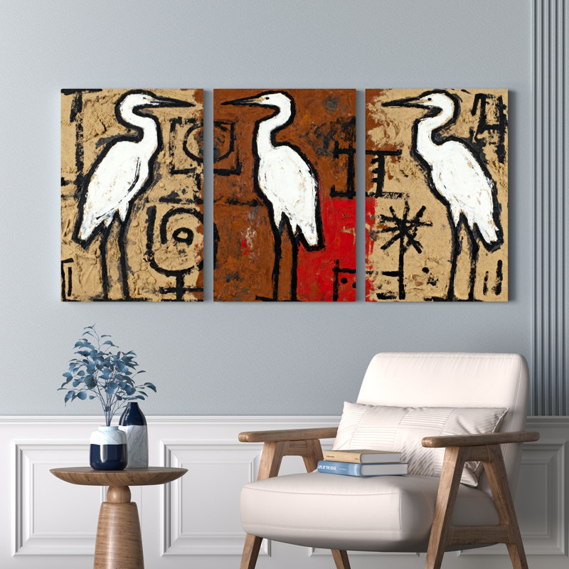 Ensemble de 3 tableaux abstraits sur toile tendue représentant un héron blanc, H 18 po x l 36 po