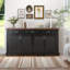 Station de café cannelée de 63 po, buffet noir avec beaucoup de rangement, 4 portes et 3 tiroirs, glissières de tiroir lisses, charnière de haute qualité en noir, conception à deux tons, tablettes réglables,-2082572496