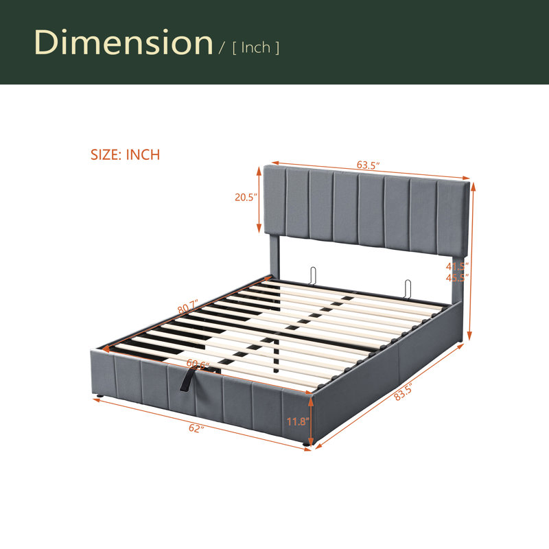 Lit plateforme tapissier avec système de rangement hydraulique, Grand lit