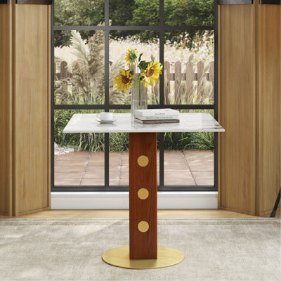 Table de salle à manger moderne carrée, table en pierre frittée de 33,5 po avec pieds en bois et base dorée, table de cuisine pour 2 personnes pour petit espace, capacité de poids de 150 lb (seulement la table de Négociation)