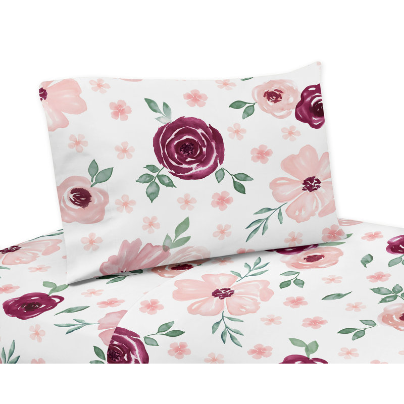 Watercolor Floral Microfiber Twill Sheet Set, Twin Sheet Set + 1 Fitted Sheet + 2 Pillowcases, Pink/Green/White Floral