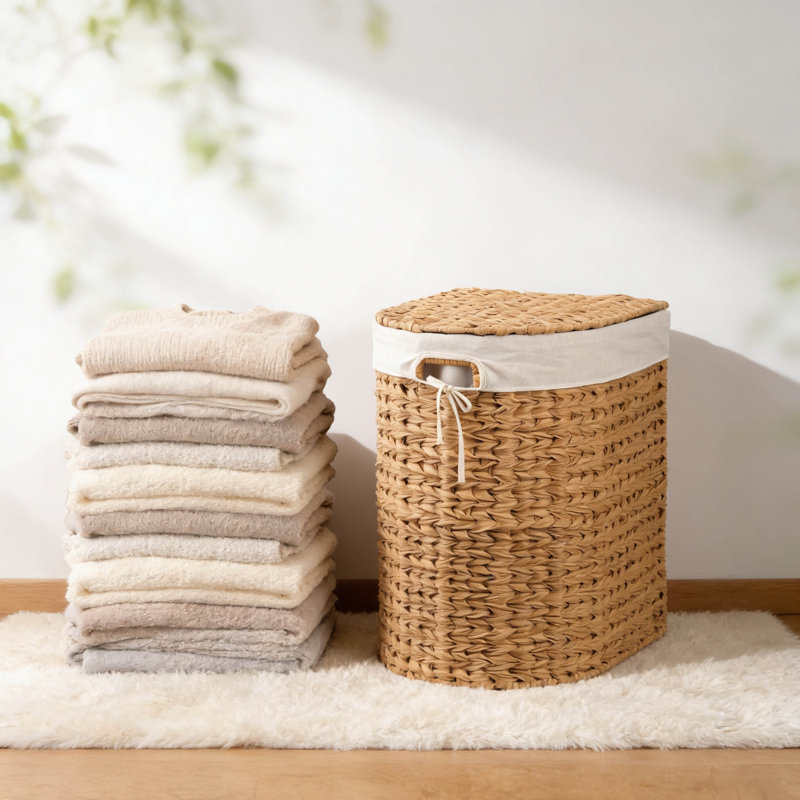 Abercromby Abercromby Resin Wicker Oval Wall Laundry Hamper, Brown with Lid and Removable Liner – Woven Flat-Back Clothes Basket for Bathroom, Bedroom, or Closet Laundry Storage