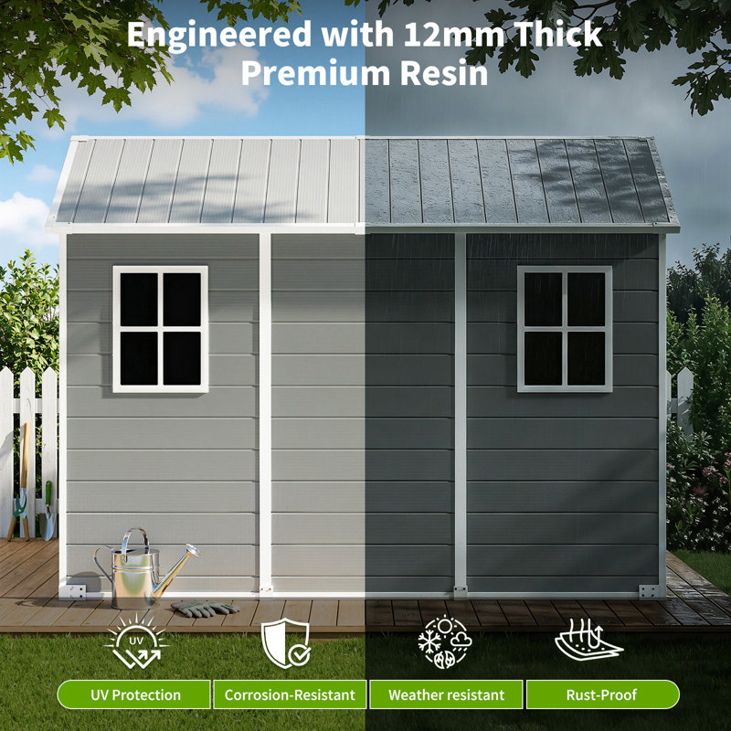 Remise de rangement extérieure 8 pi x 10 pi, avec 2 fenêtres de vision, remise en résine avec plancher, remise de rangement pour outils de jardin à l'extérieur pour vélos, outils et tondeuse à gazon