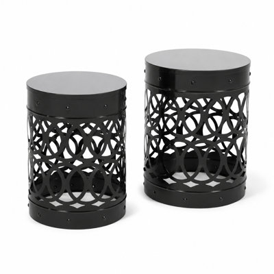Ensemble de 2 tables de bout d'extérieur en métal modernes, tables d'appoint cylindriques minimalistes avec cadre découpé décoratif, tables d'appoint durables résistantes aux intempéries pour patio, porche, balcon, salon, entrée
