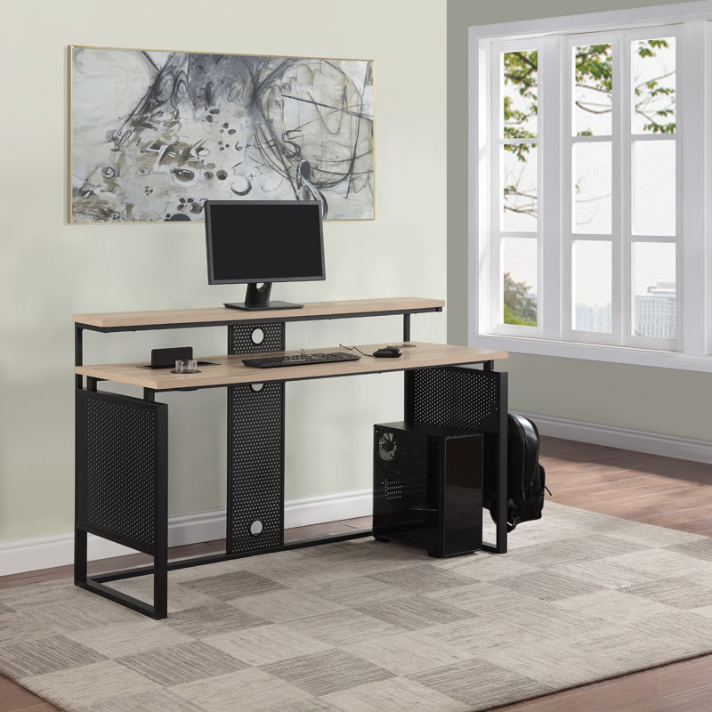 Poukner L-Shaped Steel Computer Desk with Built-In Electrical Outlet, Natural/Black