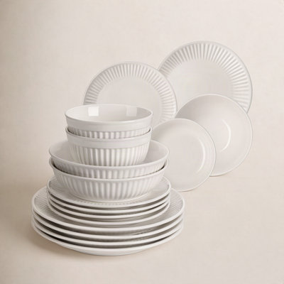 16-Piece White Ceramic Dinnerware Set - Modern Ribbed Relief Tableware Service For 4, Includes Dinner Plates, Salad Plates,Soup Plate& Bowls - Holiday, Wedding & Dinner Party Essentials