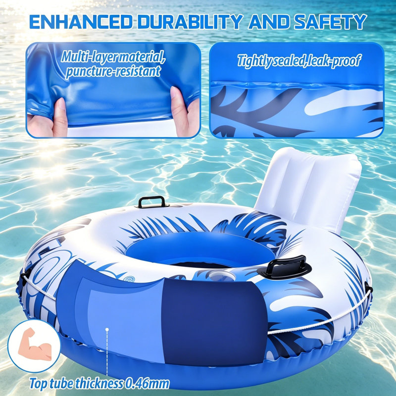 Heavy Duty Adult Inflatable River Tube Float 135cm, Mesh Bottom River Raft with Backrest, 2 Cup Holders & Grab Handles, 205kg Weight Capacity for Beach Lake Rafting