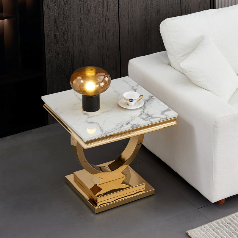 Traeshaun Faux Marble Top Metal Base End Table, White, Gold