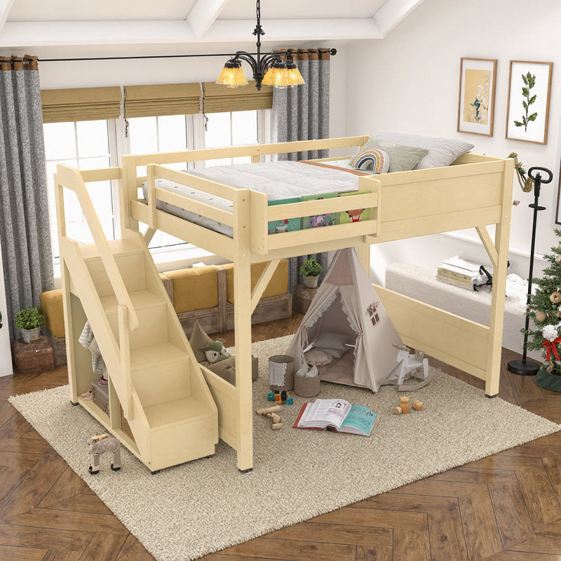 Lit mezzanine en bois massif UnaCubby avec garde-robe intégré, rangement et escalier, sans sommier, Naturel