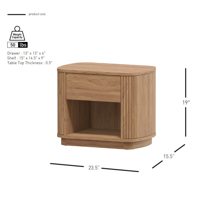 Clawson Nightstand with Drawer and Open Shelf, Terra Oak