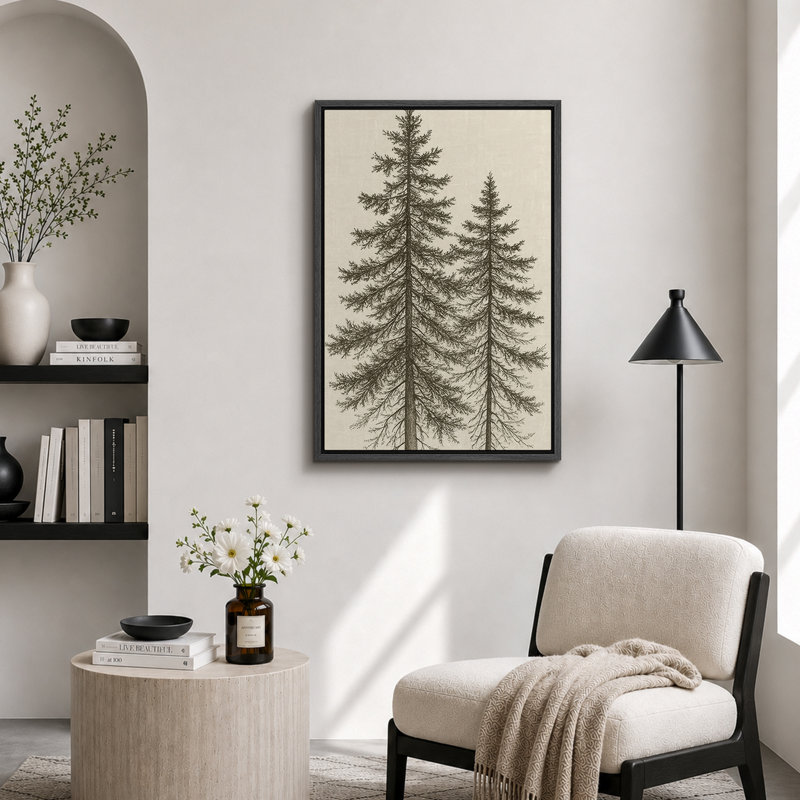«Tall Pine Trees Classic Botanical Nature Art», reproduction d'art sur toile encadrée, H 24 po x l 16 po, Noir