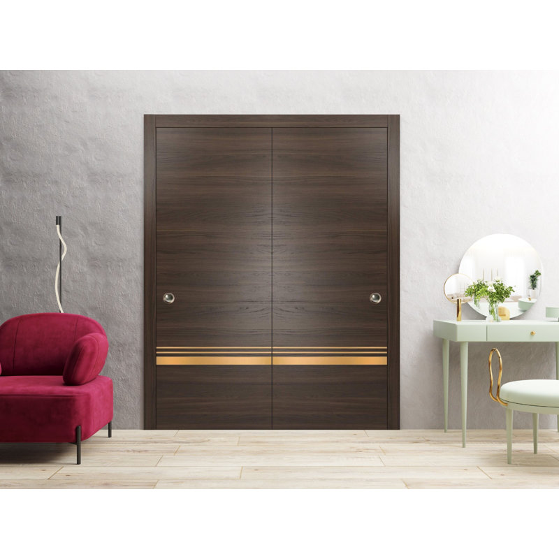 Portes de placard coulissantes à panneaux en bois, Frêne chocolat, 84 po x 96 po