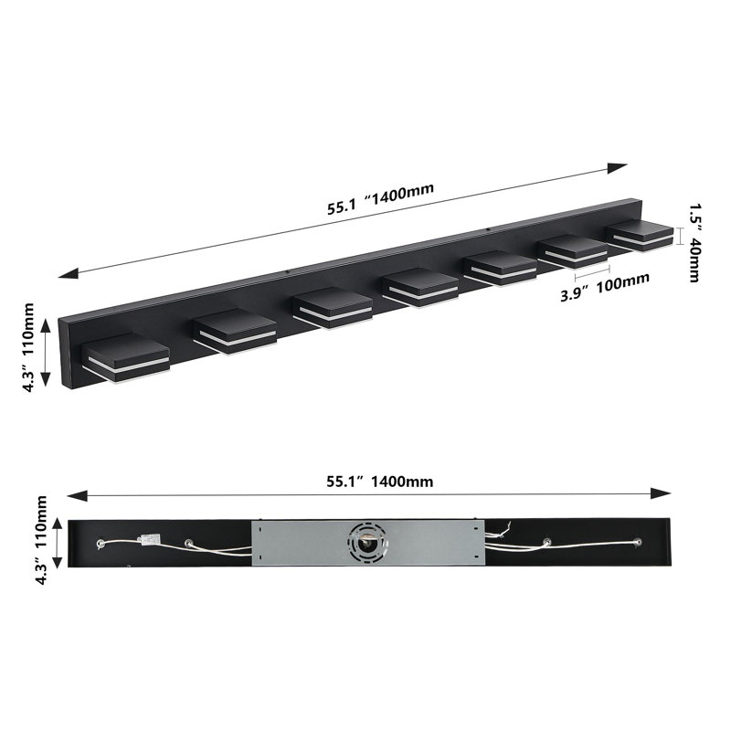 Luminaires de salle de bain Modern, H 5,1 po x l 55,1 po x P 4,3 po, Noir, 7 lumières