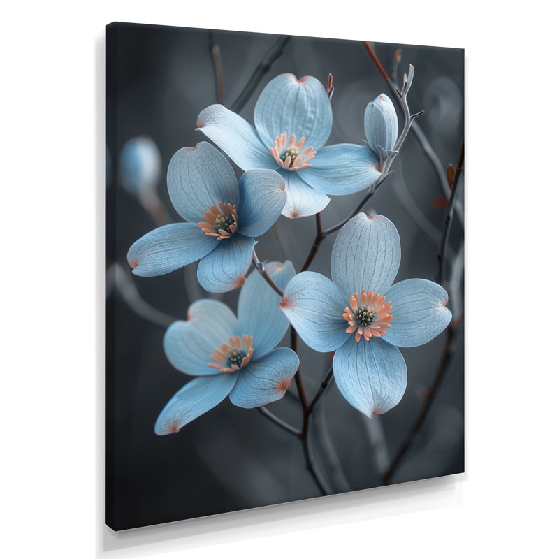 Fleur de cornouiller monochrome, paix et hivers bleus I - cornouiller, art mural, salon, Toile tendue, H 32 po x l 24 po