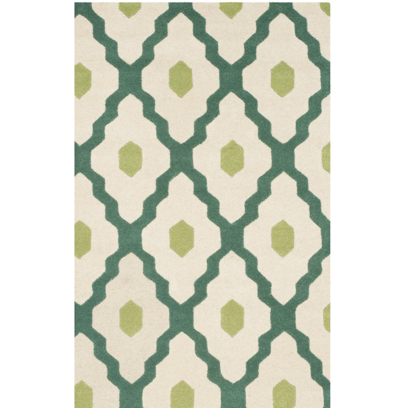 Tapis ivoire / bleu sarcelle en laine touffeté à la main Carolene, Tapis de couloir 2 pi 3 po x 7 pi