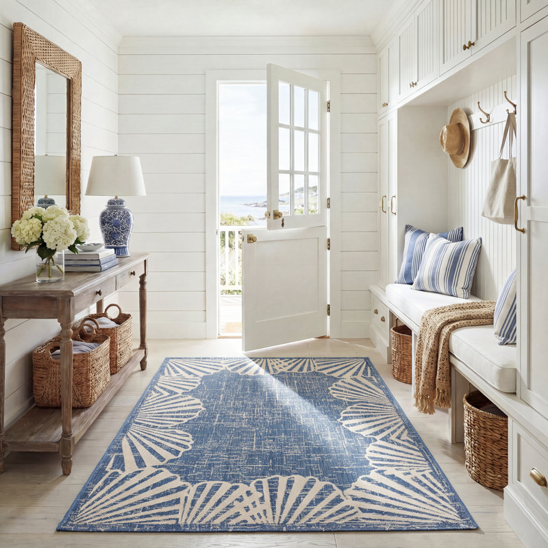 Tapis intérieur / extérieur bleu / beige Weathersby, Rectangle 5 pi 3 po x 7 pi 6 po