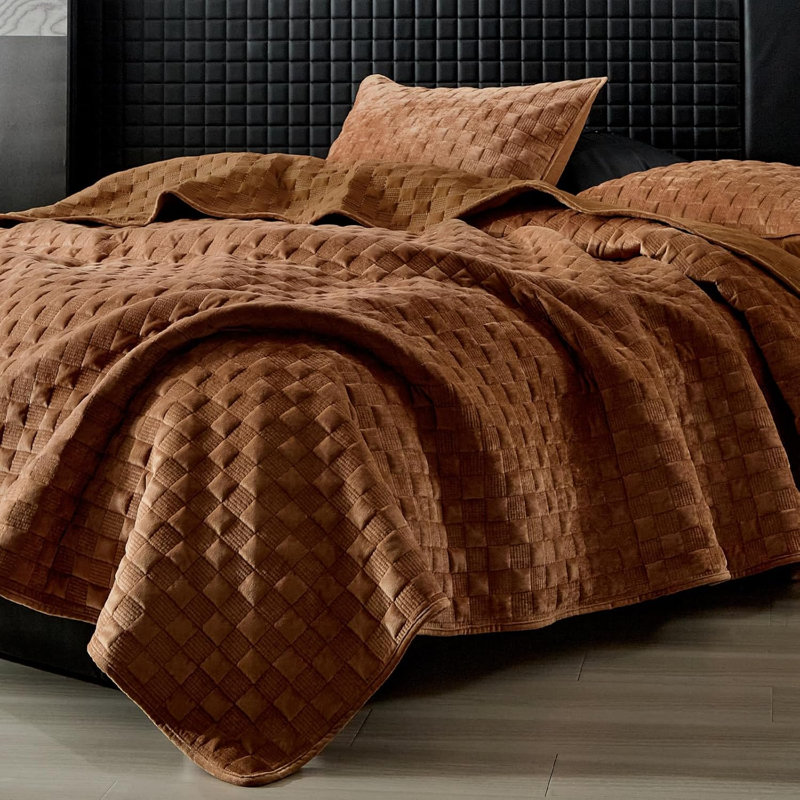 Zera MJ Velvet Coverlet/Bedspread with Pillowcases, King Coverlet/Bedspread + 2 King Pillowcases, Brown