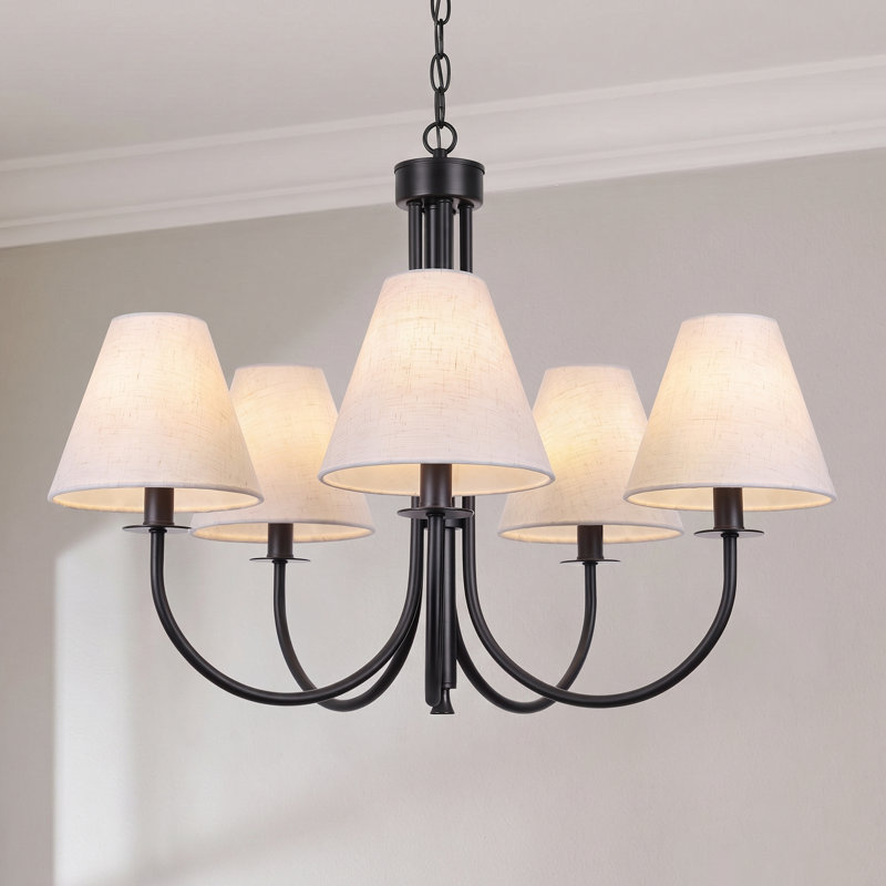 Lustre classique / traditionnel noir à 5 lumières l 27 po avec abat-jour en lin pour salle à manger, Matte Black