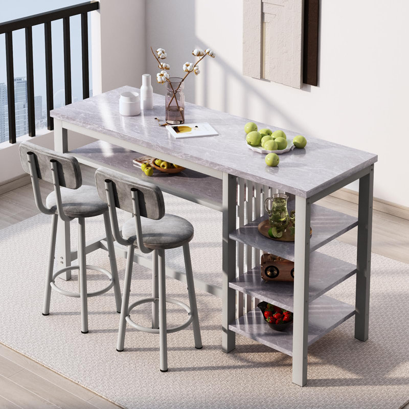 Modern 3-Piece Bar Table Set with PU Cushion Stools & 3-Tier Storage, Gray