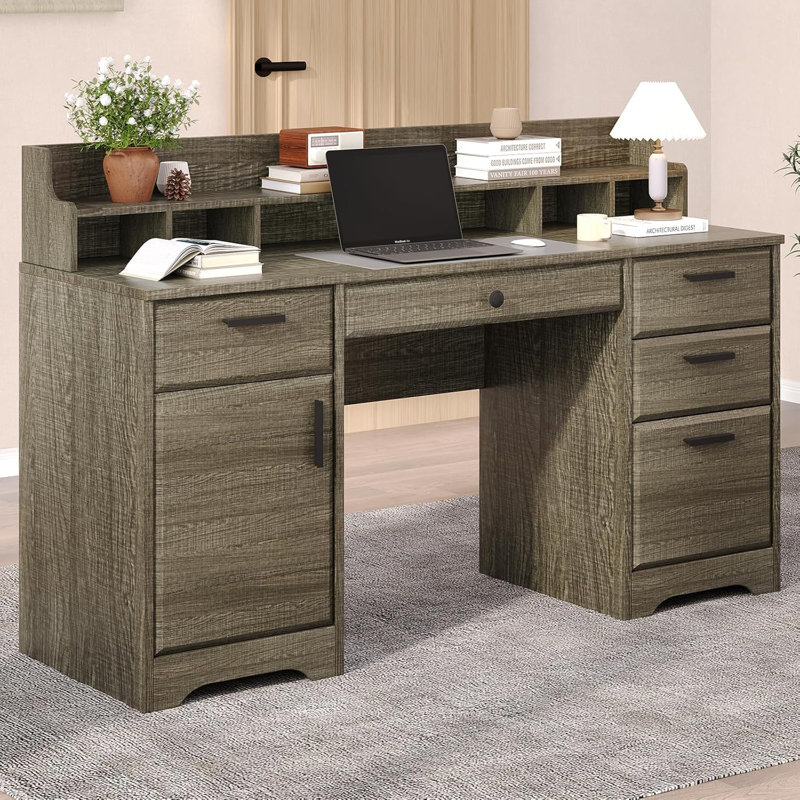Executive Desk with Hutch, 58 Inch Computer Desk with 5 Drawers, Gray