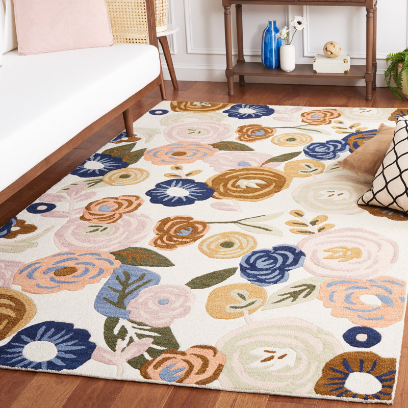 Ivory Floral Hand-Tufted Wool Round Rug, 8' x 10'