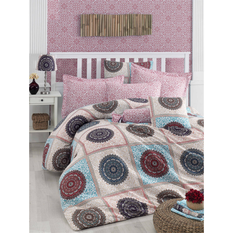 Ensemble de housse de couette 100% coton Roseann, Housse de couette 63 "x 87" + 2 pièces supplémen, Rouge / beige / bleu