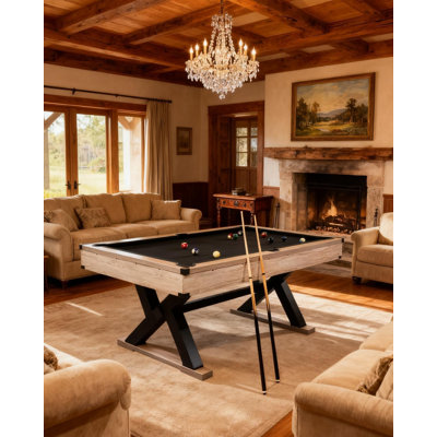 Table de billard avec structure de support en métal, pieds en forme de X, 84 po, comprend des baguettes et des accessoires, utilisation dans une salle de jeu moderne