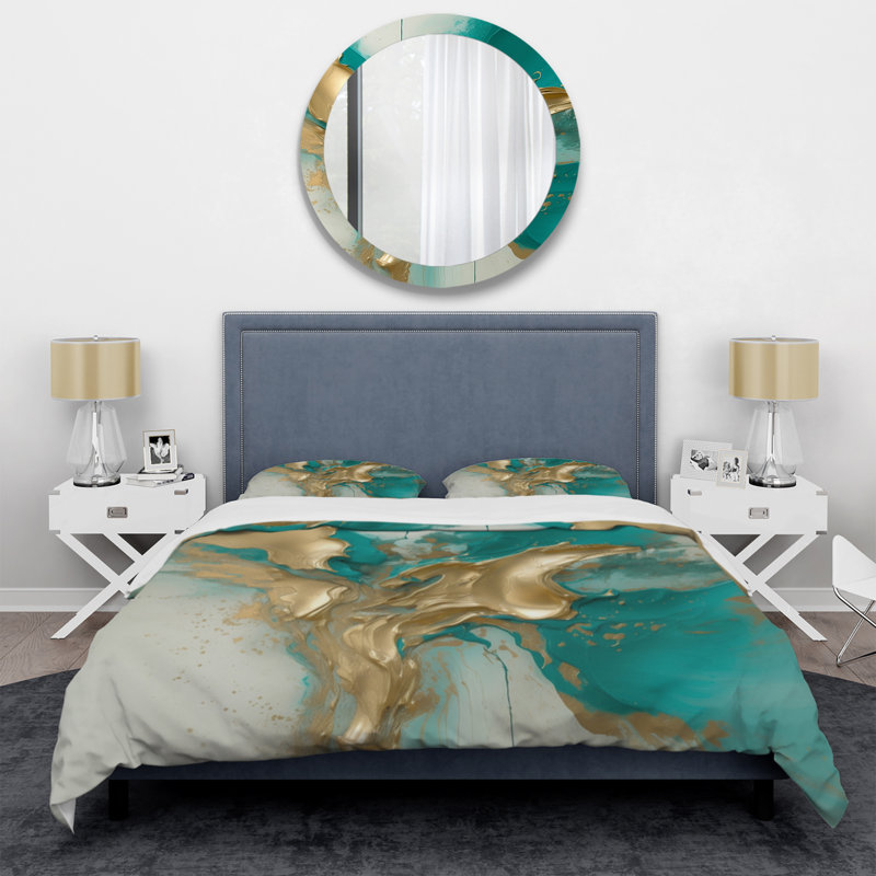 Gold And Turquoise Marble Fluid Ink II - Abstract Marble Duvet Cover Set - Microfiber Polyester