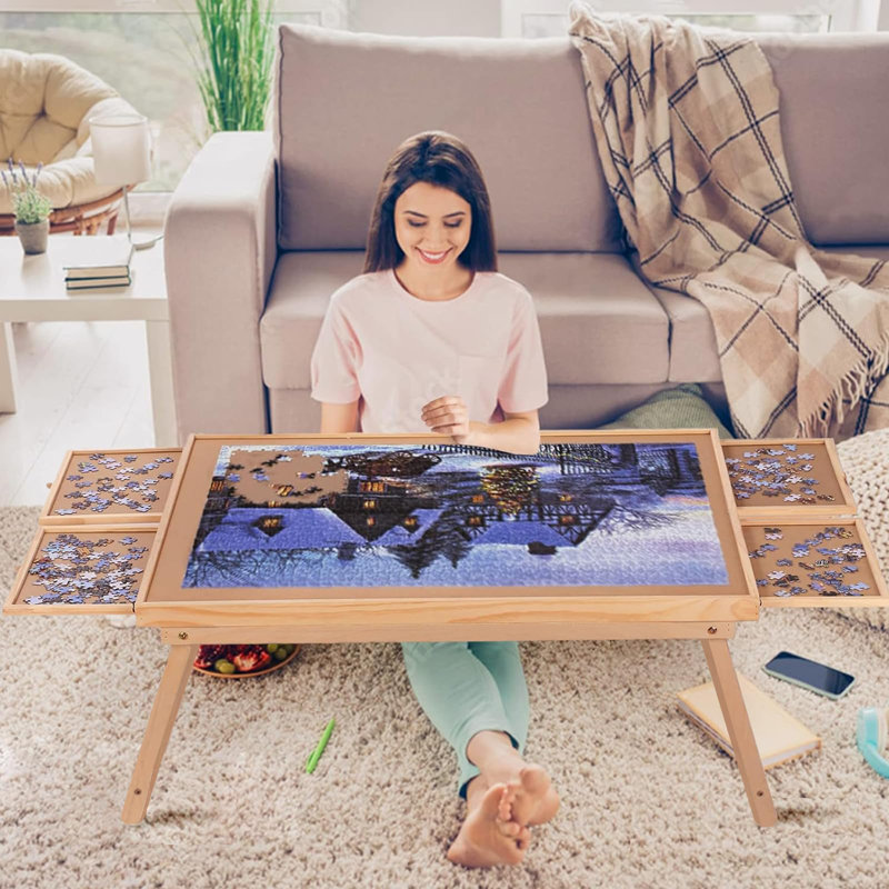 Table de casse-tête 1500 pièces, table de puzzle 34,3 po x 26 po avec pieds pliants, 4 tiroirs et couvercle, table de jeu portable pour adultes et adolescents sans installation requise