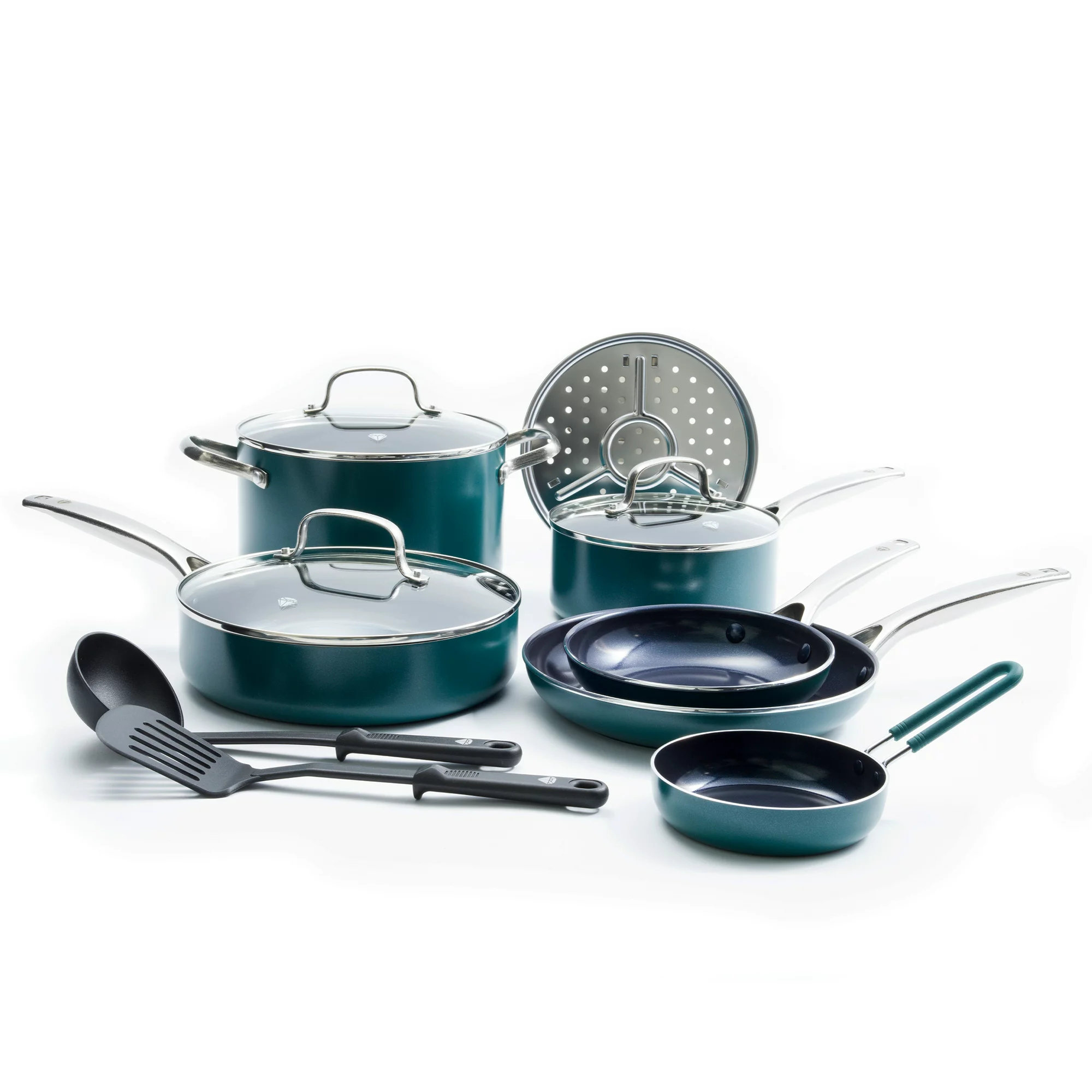GreenLife Artisan Healthy Ceramic Nonstick, 12-Piece Cookware Set, Stainless Steel Handle Color: Turquoise CC005649-001