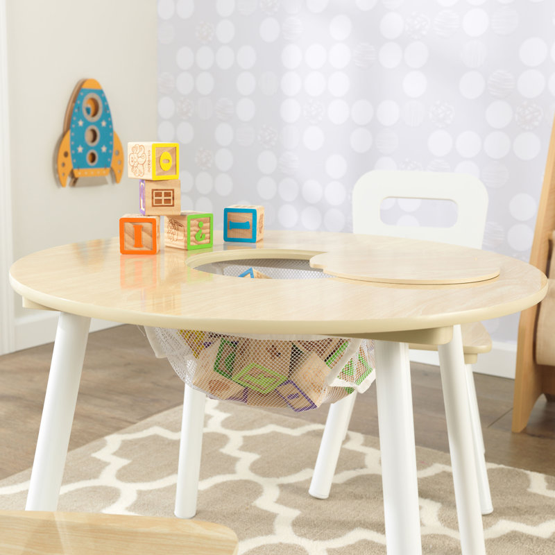 Natural & White Round Kids Table Set with Storage