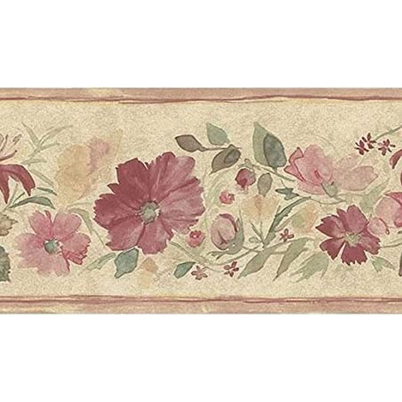 Bordure de papier peint L 15 pi x l 3,5 po Flowers Leaves, Rose / vert / beige / jaune