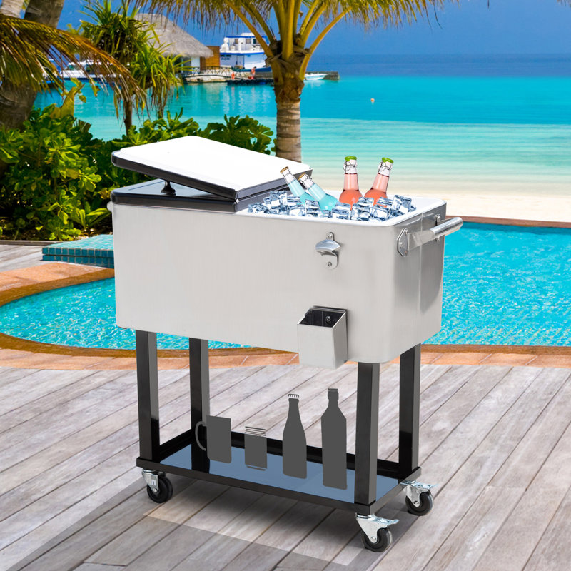 Outsunny Silver 80 QT Rolling Ice Chest Cooler Cart for Outdoor Parties