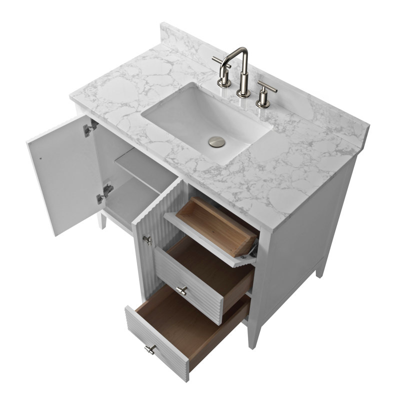 Laval 42" Single Sink Freestanding Bathroom Vanity with Engineered Marble Top, Linear White, Brushed Nickel