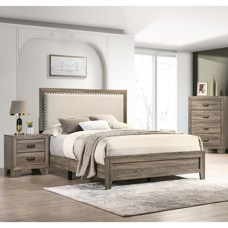 Lit moderne très grand avec tête de lit tapissier grise et poutre en bois, Très grand lit, Gris