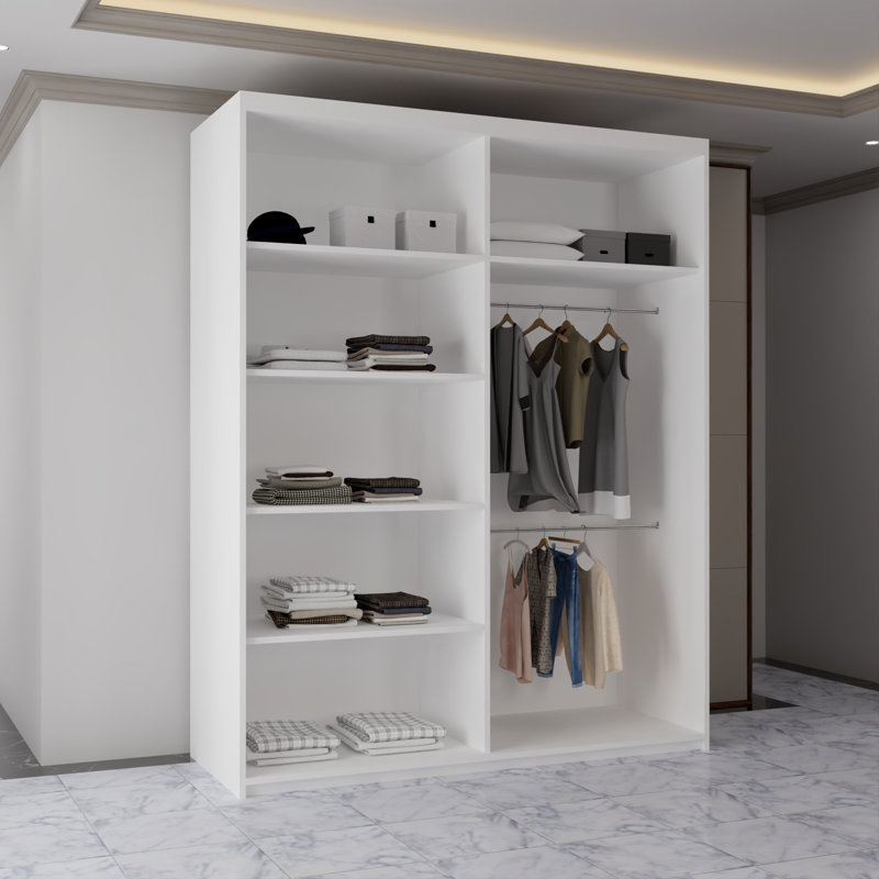 Modern 2 Door Sliding Mirror Wardrobe – Stylish Bedroom Storage in 2 Sizes and 3 Colours, 217cm H x 150cm W x 62cm D, White