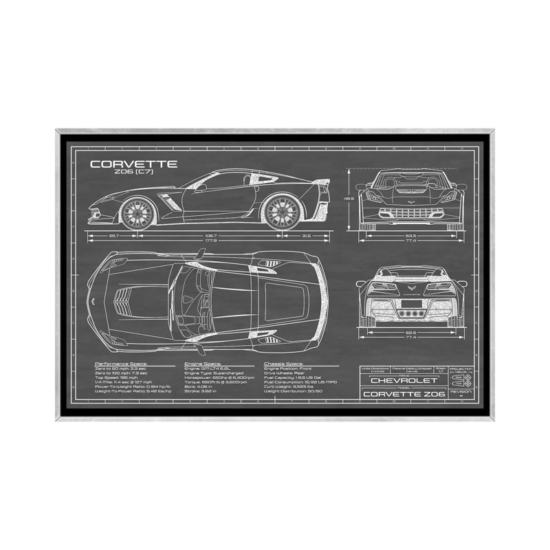Corvette (C7) Z06-impression de dessin, Toile avec cadre argent, Pas de tapis, H 32 po x l 48 po x 1,5 po