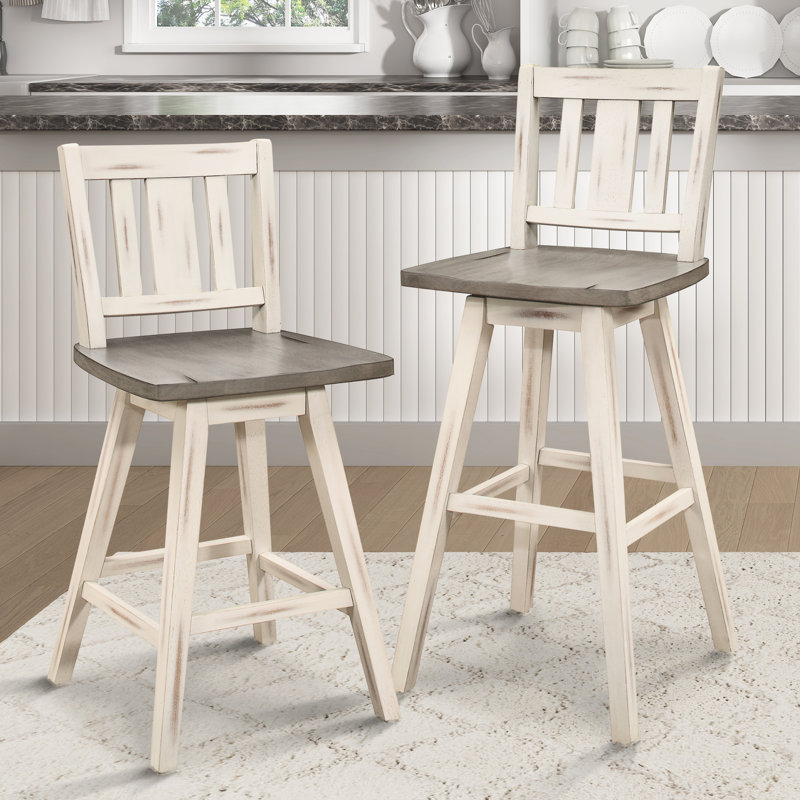 2 chaises de hauteur pub, en bois d'hévéa massif, pivotant sur 360 °, 2 lattes verticales à l'arrière, pour la salle à manger