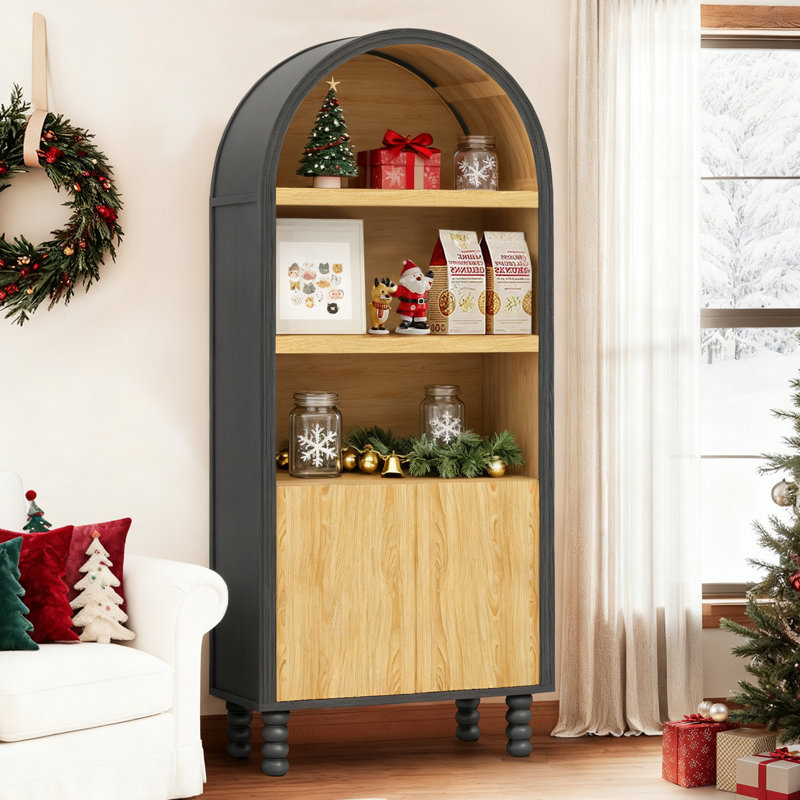 Bibliothèque à 5 niveaux avec tablettes ouvertes et armoire