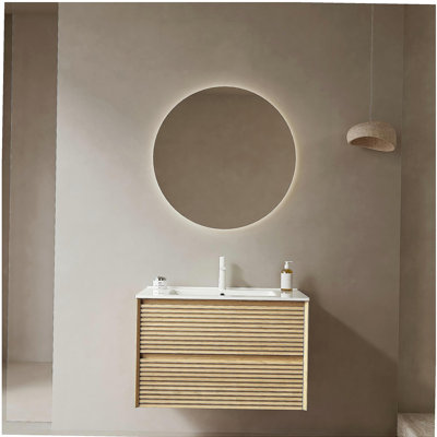 Meuble-lavabo de salle de bain 30 po avec lavabo, armoire de rangement murale en contreplaqué flottant avec tiroirs, cuve en céramique blanche avec couvercle et trou de lavabo, pré-assemblé, couleur grain de bois de chêne Corolla