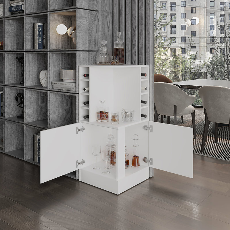 42" Tall White Corner Bar Cabinet - Modern With 8 Bottle And Double Door & Storage For Living, White
