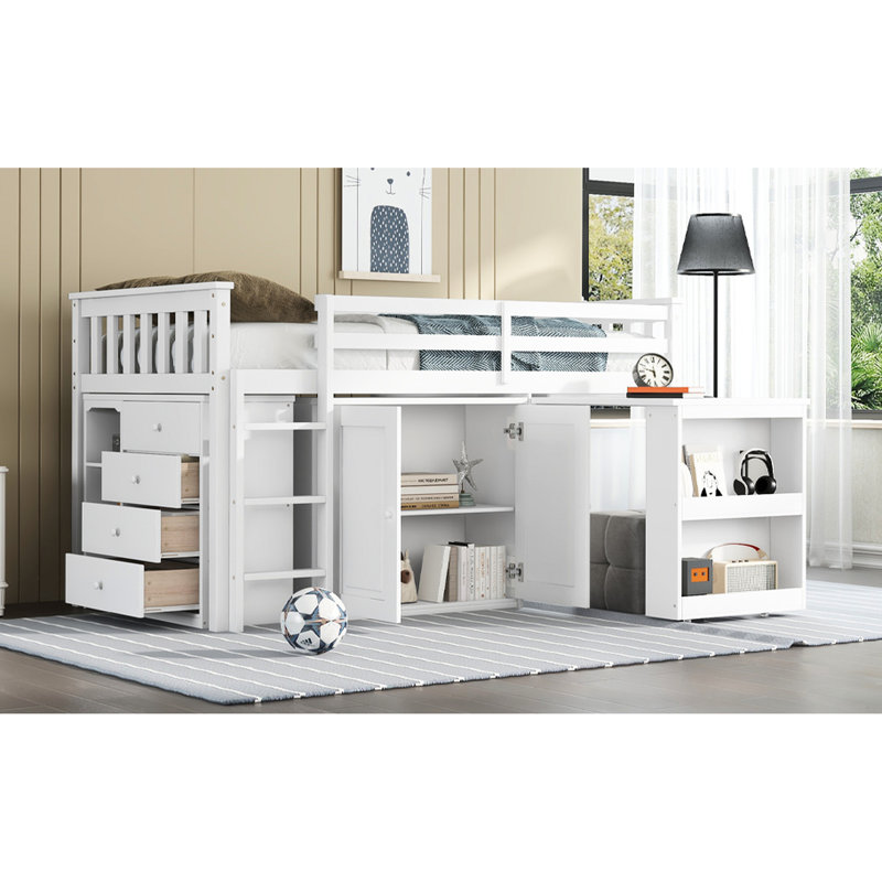 Lit mezzanine simple blanc avec armoires de rangement pratiques - armoire, tiroir, tablette, bureau coulissant, Blanc
