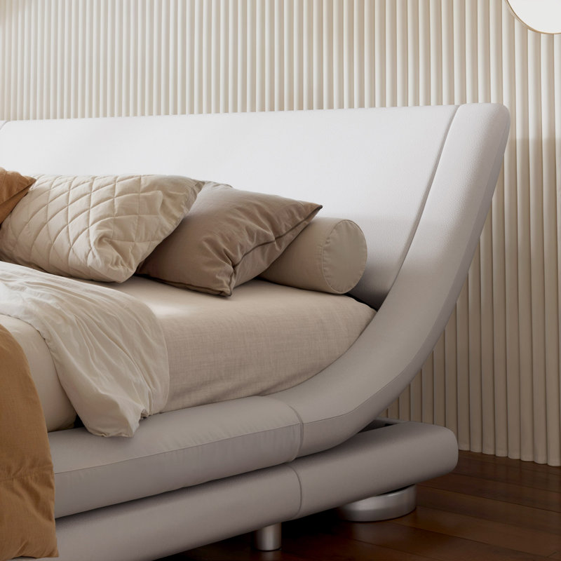 Bettejean Upholstered Profile Sleigh Bed with Luxury Ergonomic Faux Leather Headboard, White, Queen