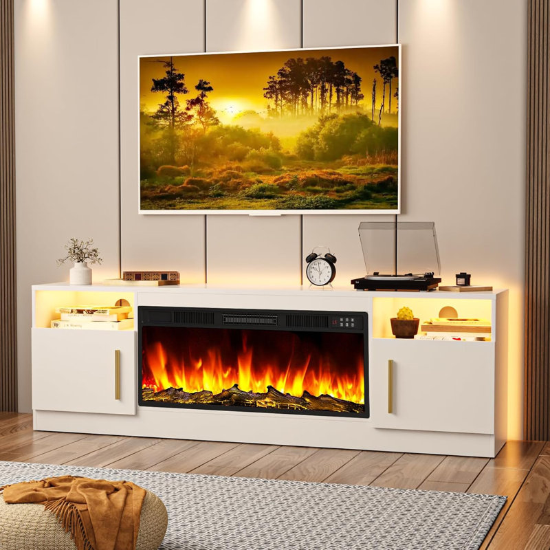 Fireplace Tv Stand Entertainment Center With 36" Fireplace, 70" Wooden Tv Stand For Tvs Up To 75", Media Tv Console With High Gloss Storage Cabinet And 16 Colors Led Lights