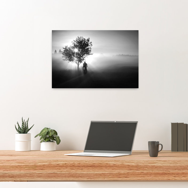 " Misty Morning Cyclist Dreamy Peaceful Serene Nature Sunrise Wall Art Print " by Roswitha Schleicher-Schwarz, 16" H x 24" W